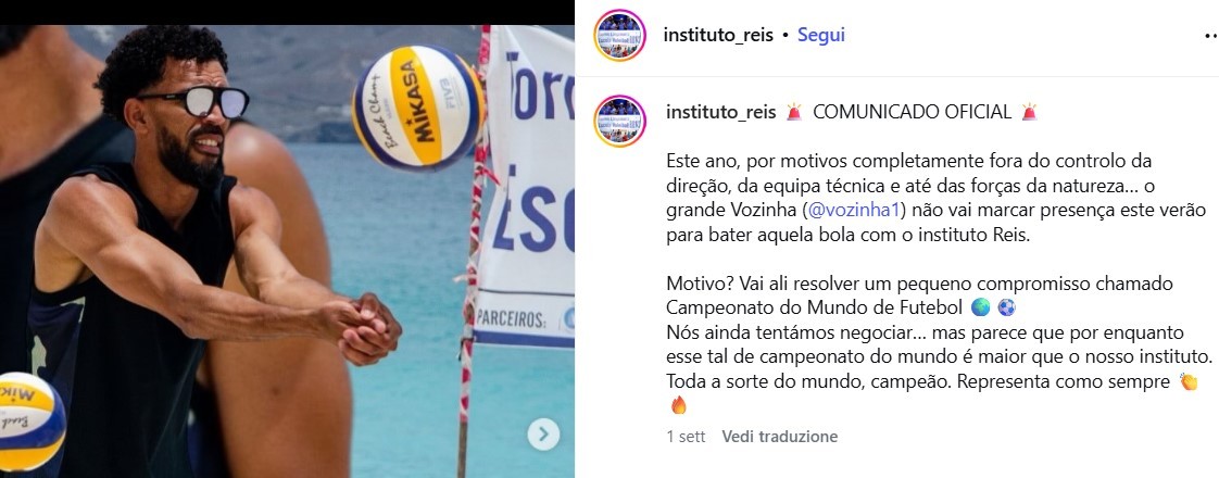Il post dell'Istituto Reis che annuncia l'assenza di Vozinha questa estate, causa Mondiali